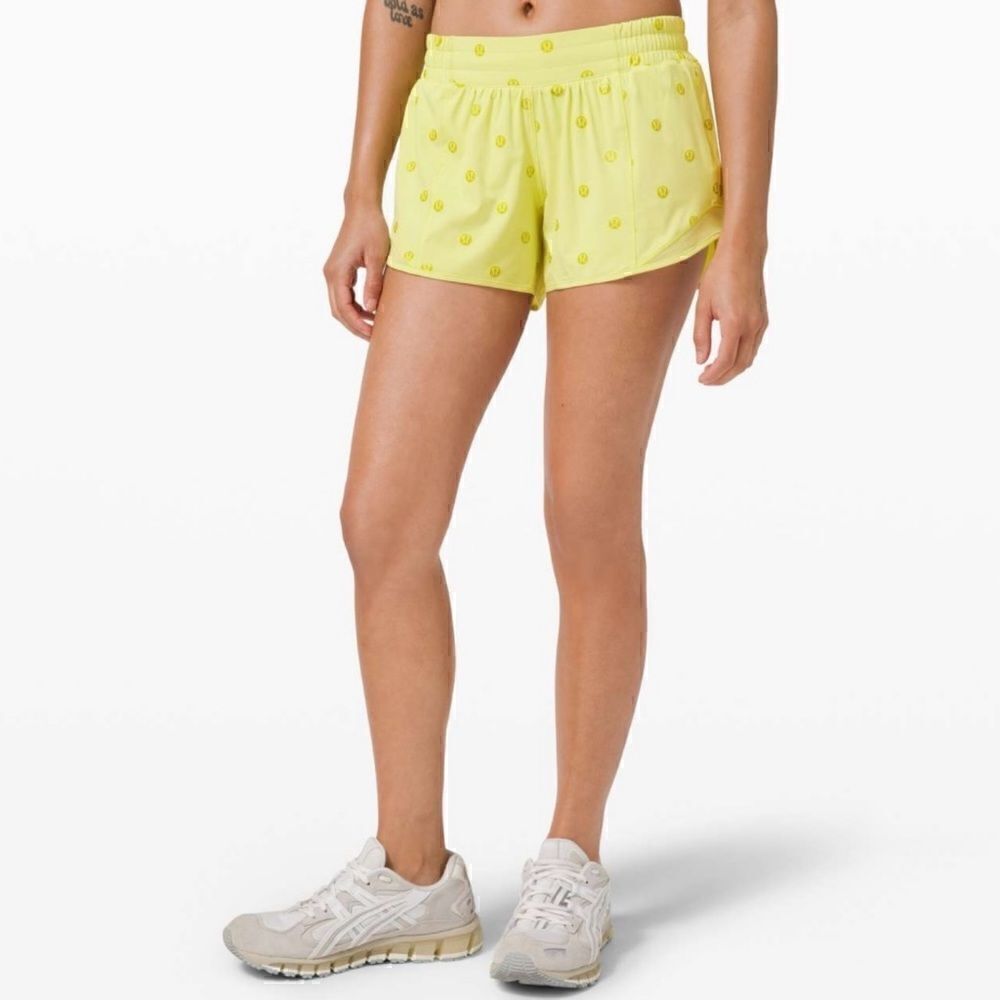 Lululemon Hotty Hot Short II *Long 4" in Polka Dot Logo Lemon Vibe Matte Green